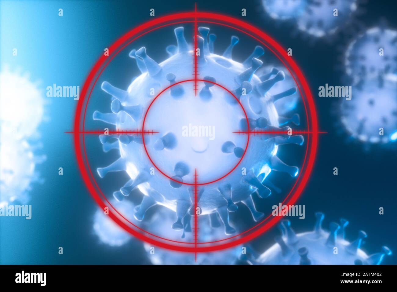 Virus corona dispersi con target di puntamento, rendering 3d. Disegno digitale del computer Foto Stock