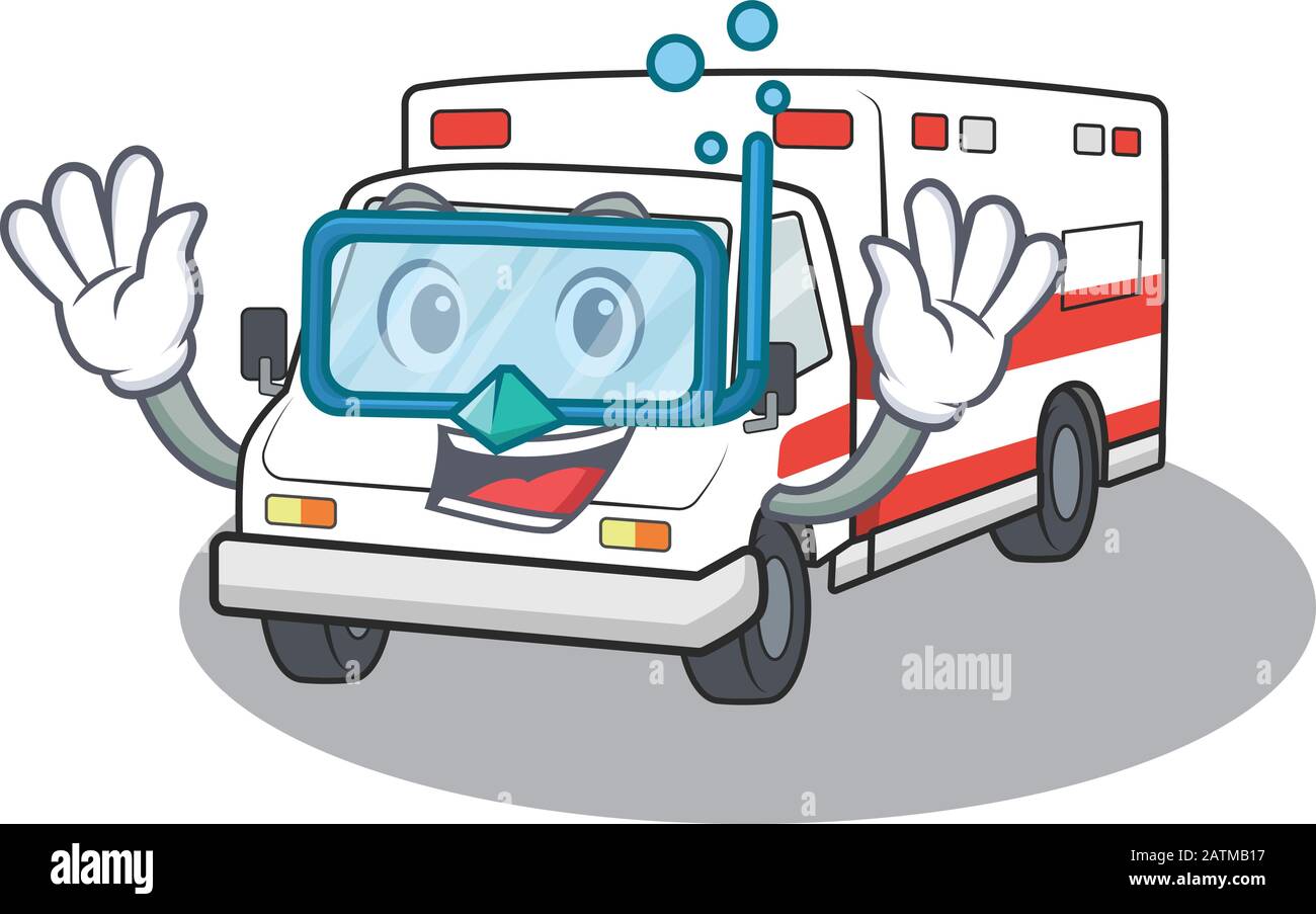 Personaggio cartone animato di ambulanza indossare occhiali da immersione Illustrazione Vettoriale