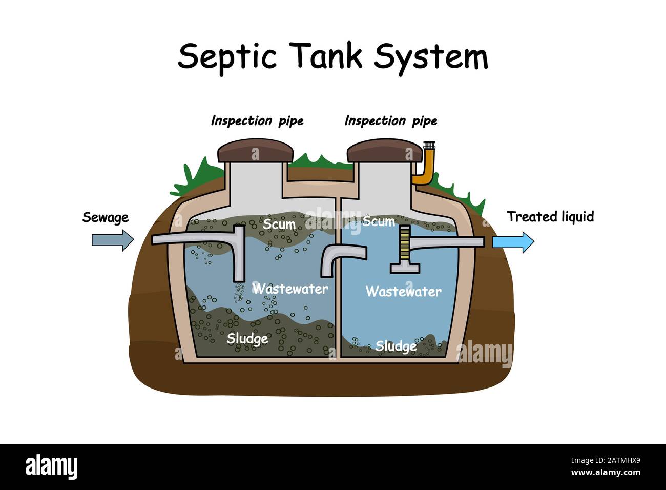 Diagramma Serbatoio settico. Sistema settico e schema di campo di drenaggio . Infografica con descrizioni di testo di Un Serbatoio Settico. Acque reflue domestiche. Vettore stock Illustrazione Vettoriale