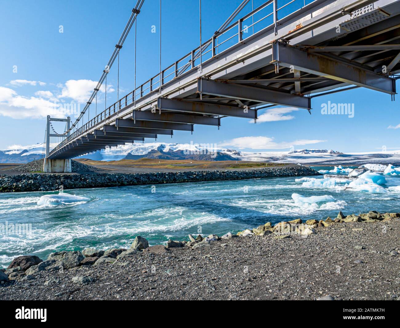 Ponte sul ghiacciaio Jokulsarlon e iceberg galleggianti nel fiume, uno dei luoghi più turistici in Islanda. Foto Stock