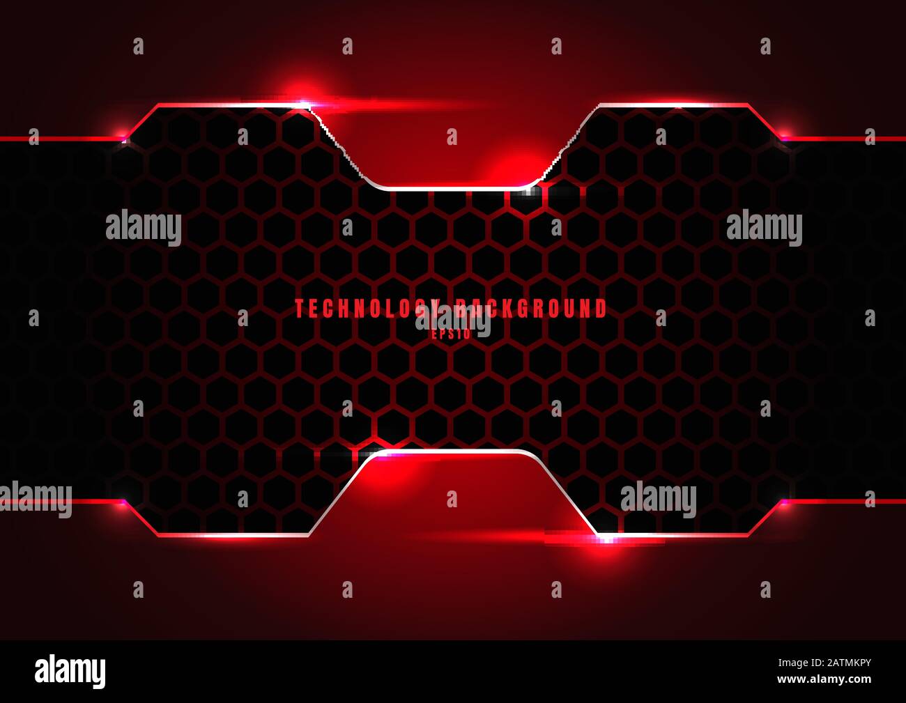 Cornice metallica astratta nera e rossa con illuminazione su esagoni texture pattern tecnologia innovazione concept background. Illustrazione del vettore Illustrazione Vettoriale