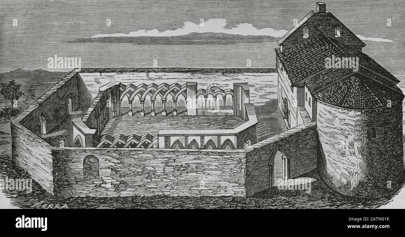 España. Afueras de Soria. Patio del Monasterio de San Juan de Duero. Perteneció a la orden militar de los Hospitalarios de San Juan de Jerusalén. Estilo románico. Crónica General de España, Historia Ilustrada y Descriptiva de sus Provincias. Castilla-La Vieja, 1870. Biblioteca Histórico Militar De Barcelona, Cataluña, España. Foto Stock