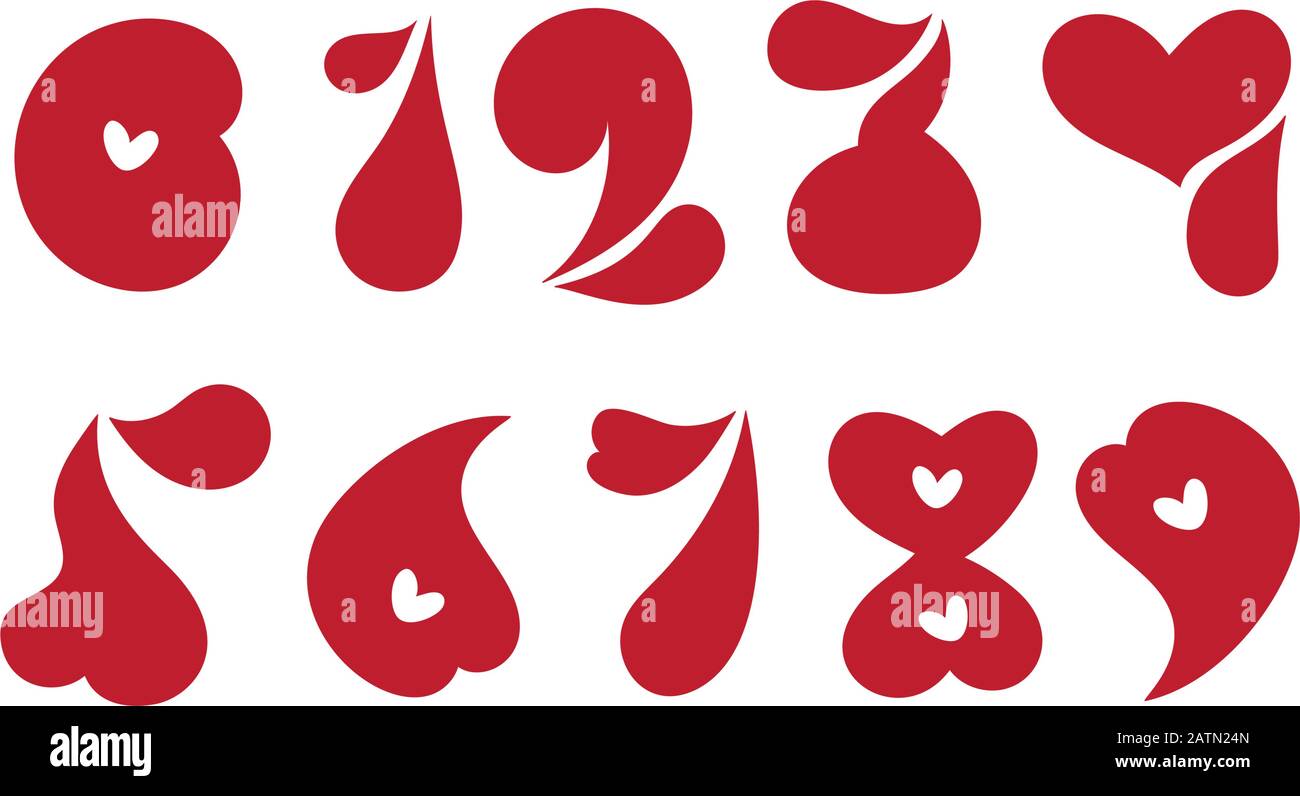I numeri del vettore impostati vanno da zero a nove. Elementi di San Valentino carino. Simbolo del cuore disegnato a mano per la decorazione della pagina e l'illustrazione di disegno. Amore carta di nozze o. Illustrazione Vettoriale
