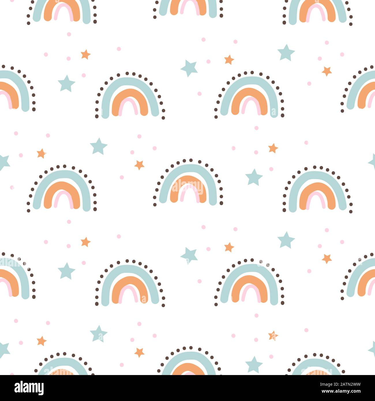 Rainbow cute forme tema bambino senza cuciture modello. Archi scalop ripetono lo sfondo per wrap, tessile e stampa bambini design. Illustrazione Vettoriale