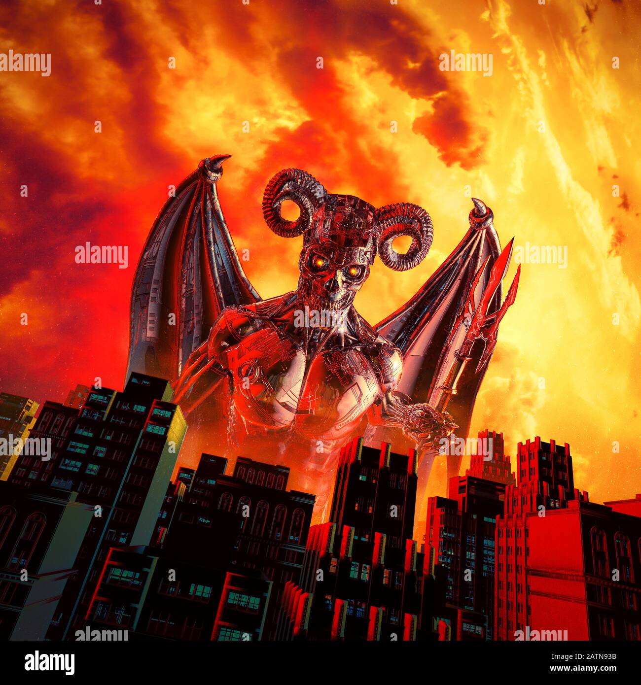 Red Devil Dawn / 3D illustrazione di spaventoso futuristico fantascienza teschio affrontato demone robot salire sopra la città Foto Stock