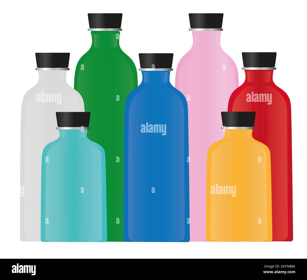 bottiglie d'acqua di colore diverso isolate su fondo bianco Foto Stock