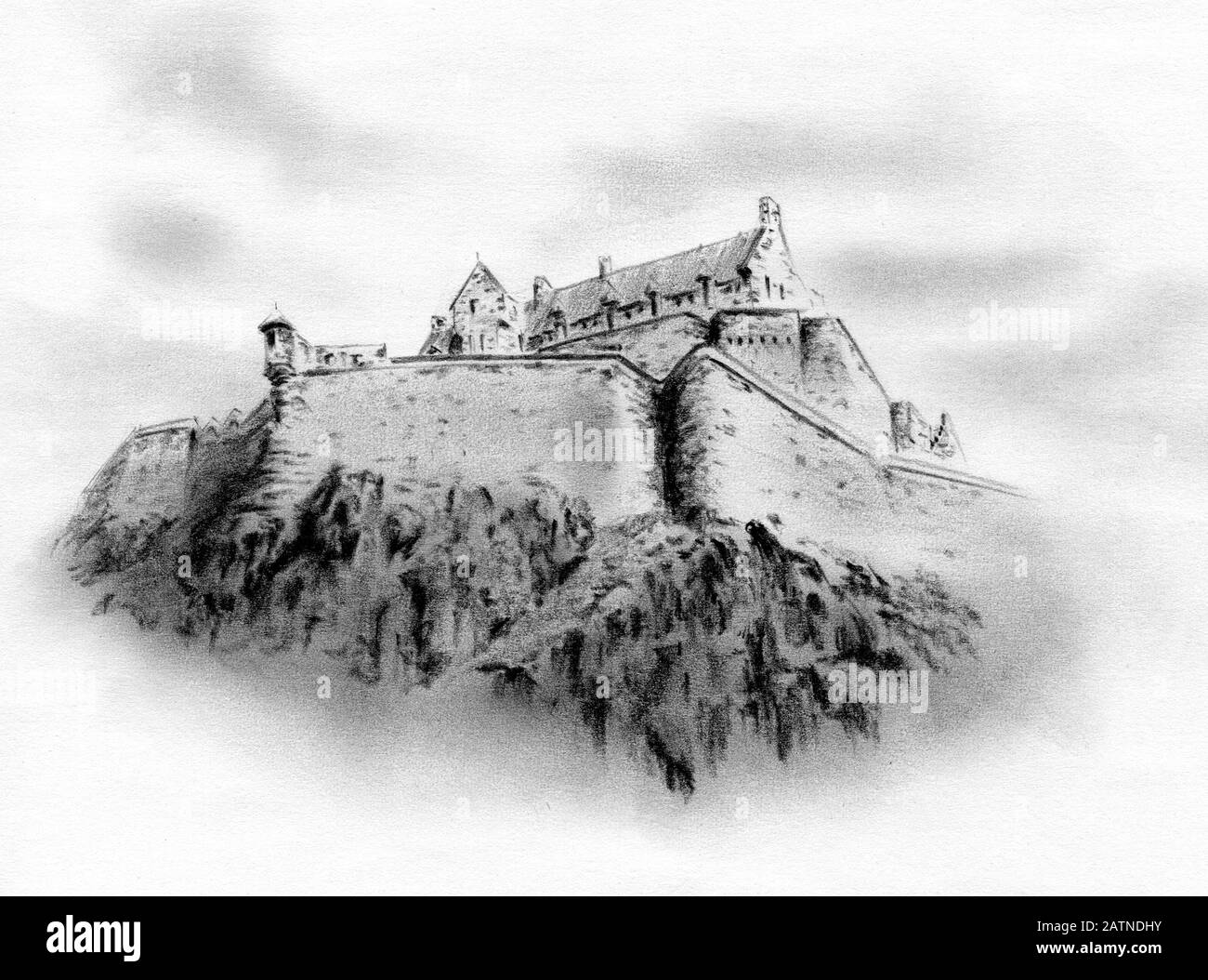 Castello di Edimburgo - storica fortezza di Edimburgo, la capitale della Scozia / disegno a matita su carta Foto Stock