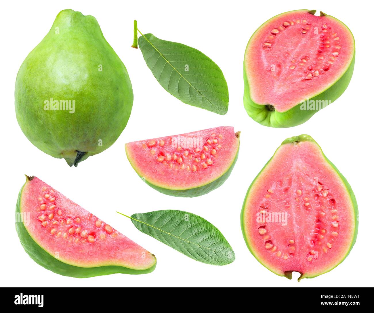 Guava isolata. Raccolta di frutti di guava rosa verde carnati e foglie isolate su sfondo bianco con sentiero di taglio Foto Stock