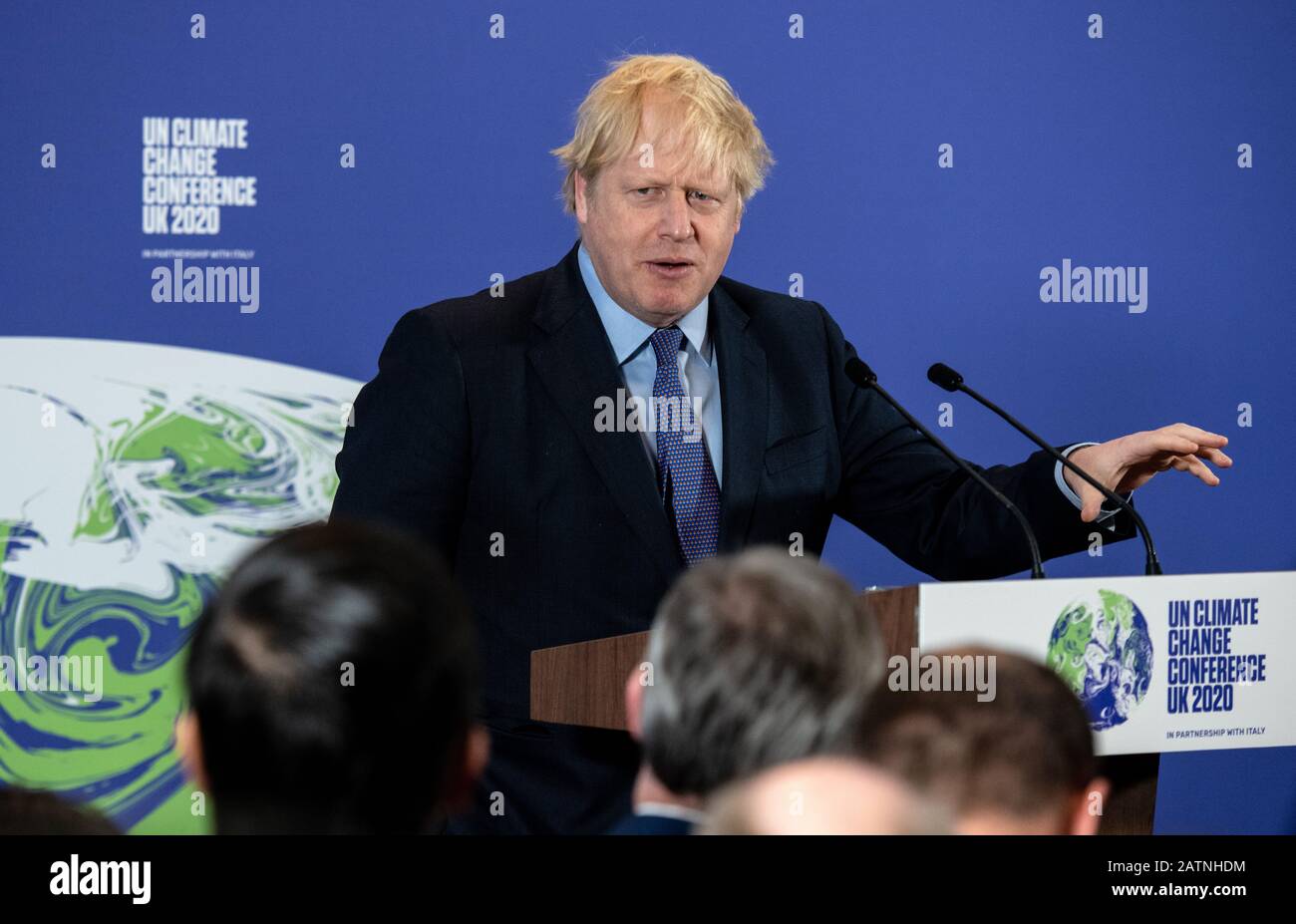 Il primo Ministro Boris Johnson al lancio del prossimo COP26 un Climate Summit al Science Museum di Londra. Foto Stock