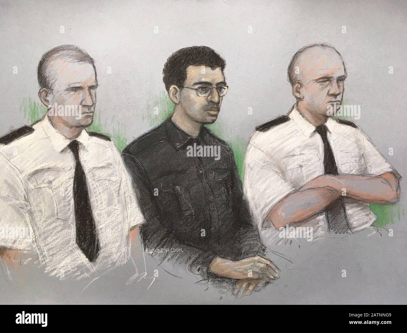 Disegno di artista di corte datato 27/01/20 da Elizabeth Cook di Hashem Abedi, fratello minore del bombardiere di Manchester Arena, nel molo presso l'Old Bailey di Londra accusato di omicidio di massa. Foto Stock