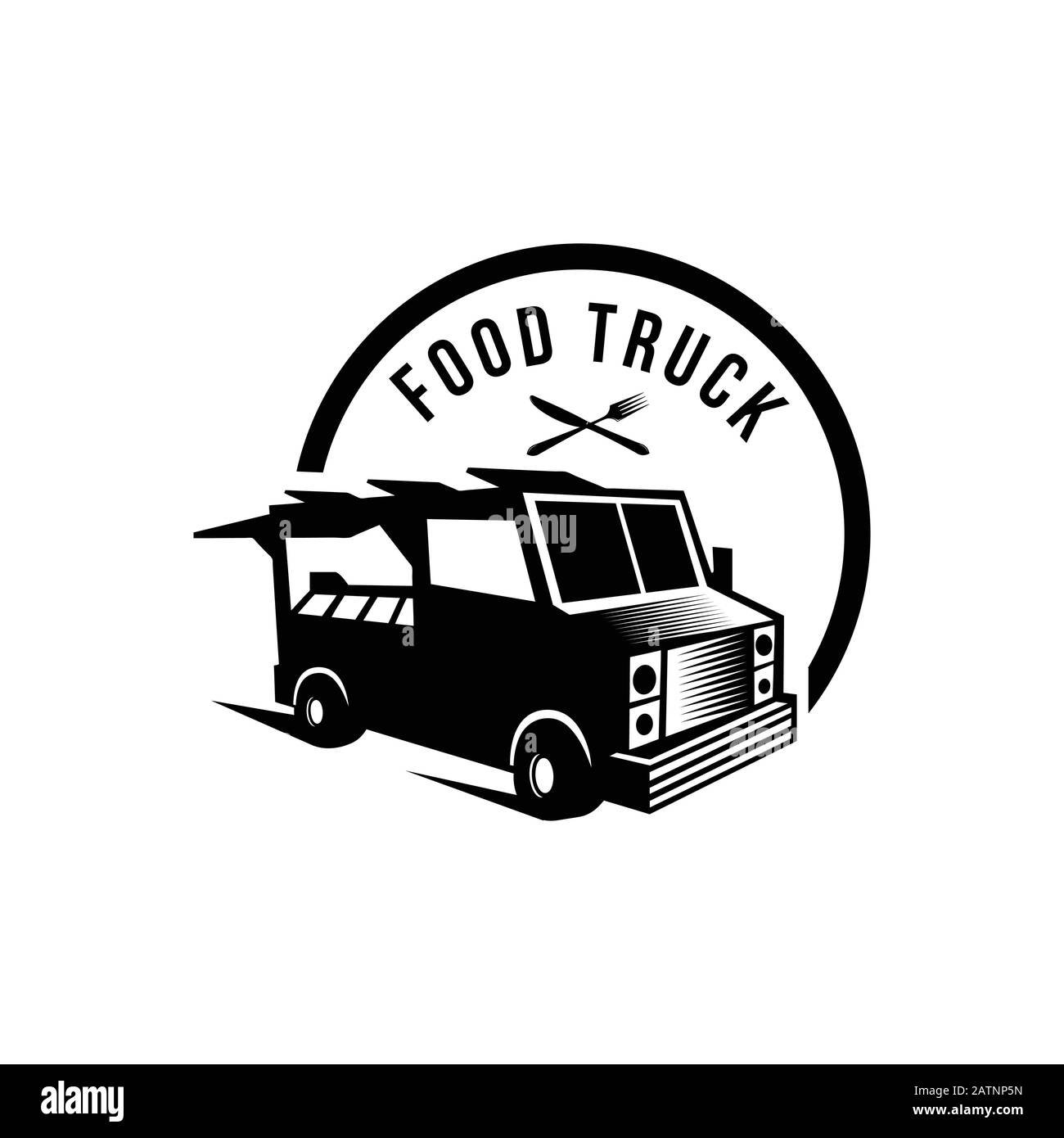 Prodotti alimentari sfondo bianco elemento da cucina vintage con forchetta e coltello, testo e camion sul punto grunge Illustrazione Vettoriale