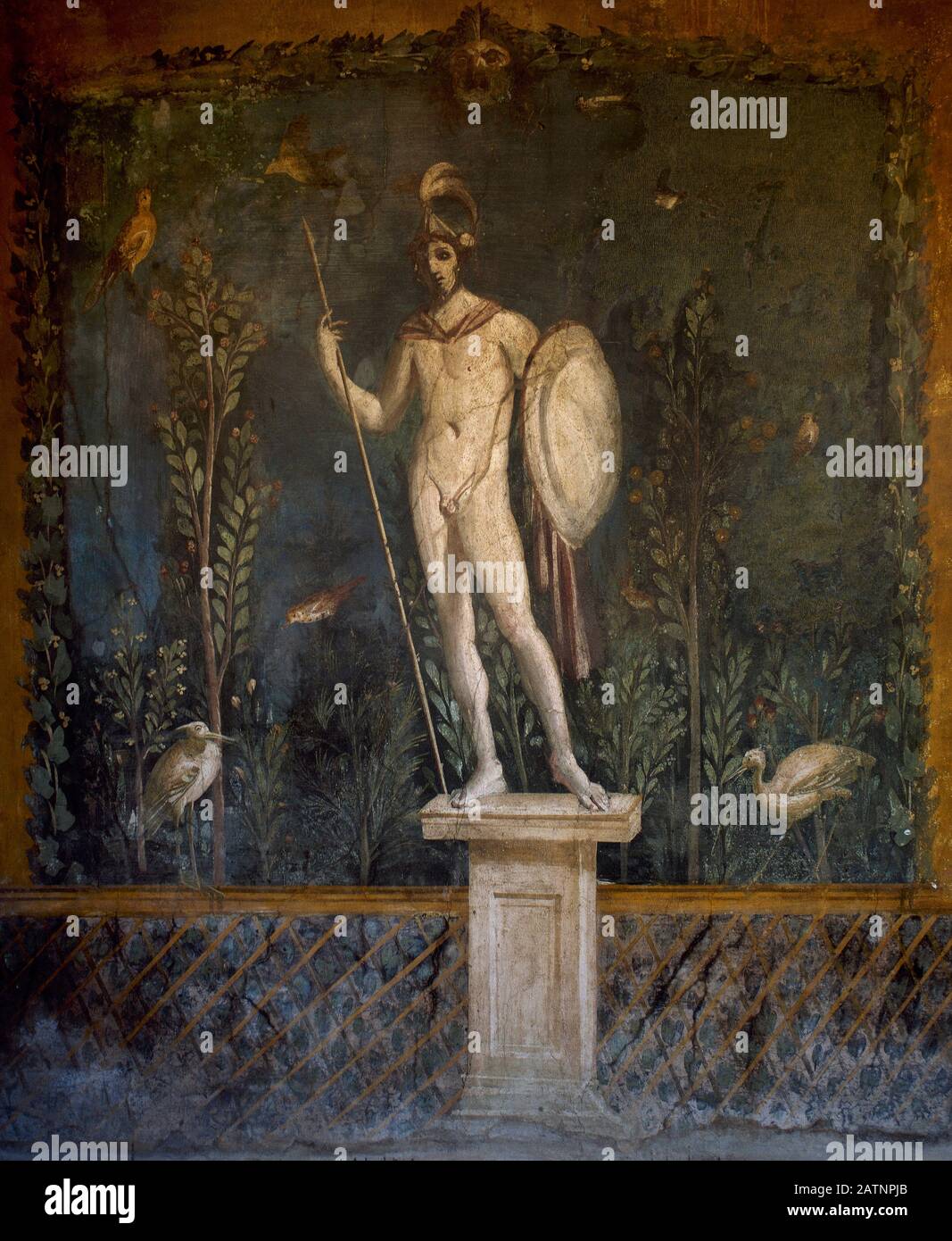 Pompei. Affresco raffigurante Dio Marte con casco e armi. Decorato le pareti del giardino della Casa di Venere, 1st secolo DC. Italia, La Campania. Foto Stock