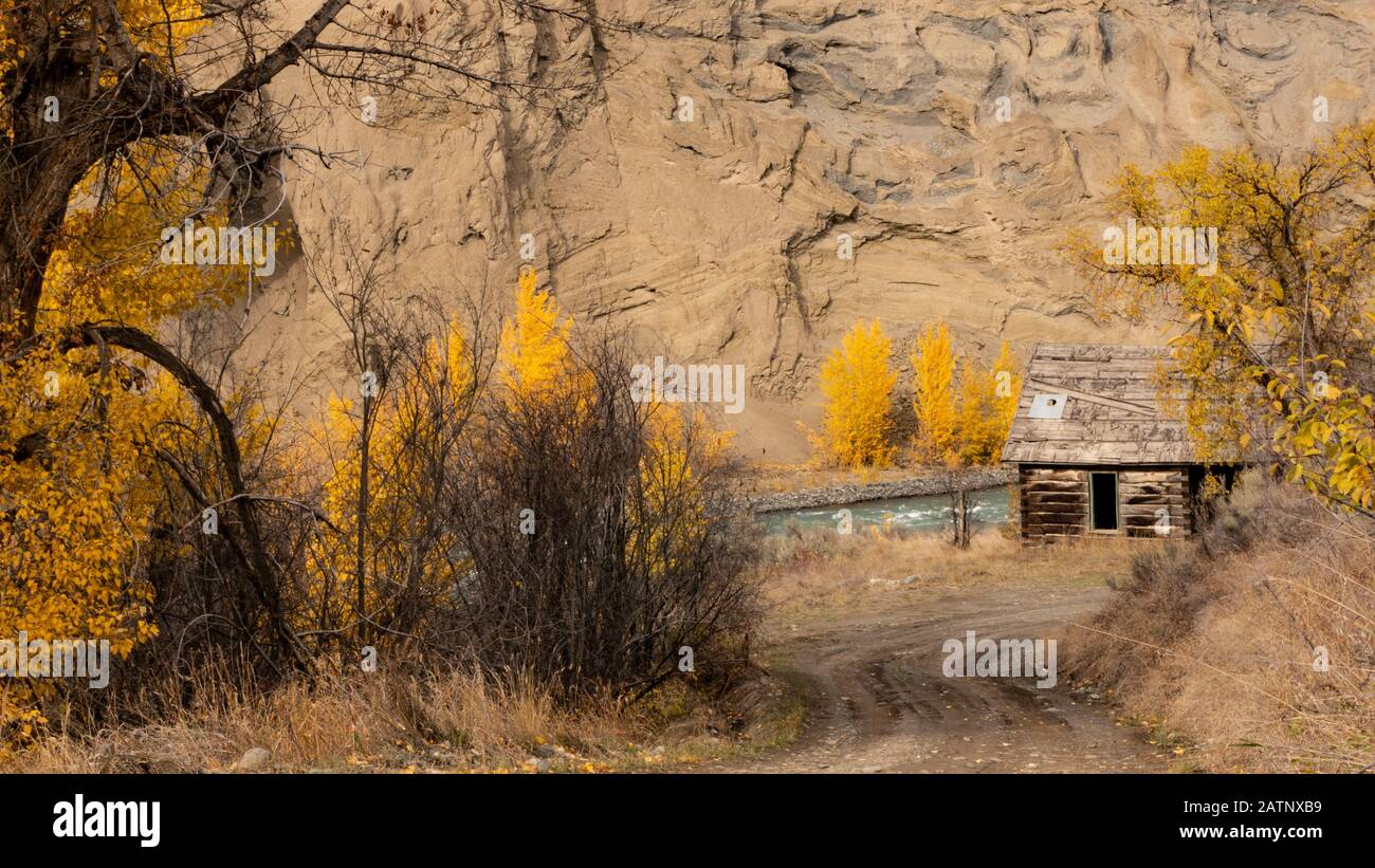 Una strada che conduce ad un edificio rustico della vecchia fattoria di Potwell, che è circondata da vegetazione colorata e dal fiume Chilcotin. (Farwell Canyon, British Columbia) Foto Stock