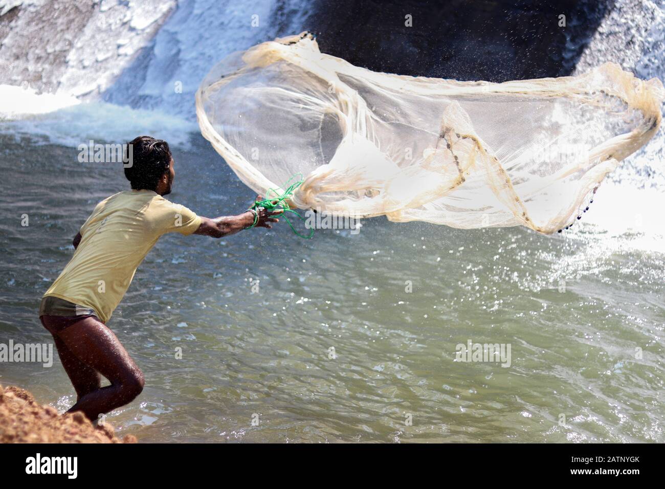 Halon Dam India Feb 02. 2020 : pescatori rurali che gettano la rete nel pomeriggio a Halon Dam. Foto Stock