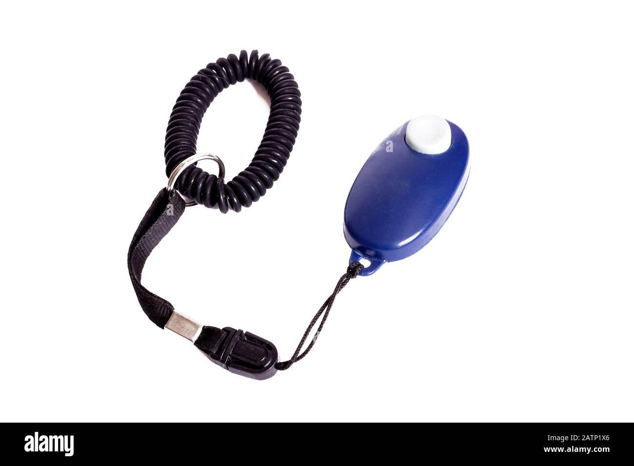 Clicker blu per cani da training, isolato su sfondo bianco Foto Stock