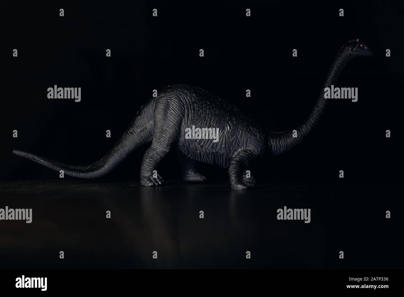 Piccolo dinosauro nero nell'oscurità, animale inesistente Foto Stock