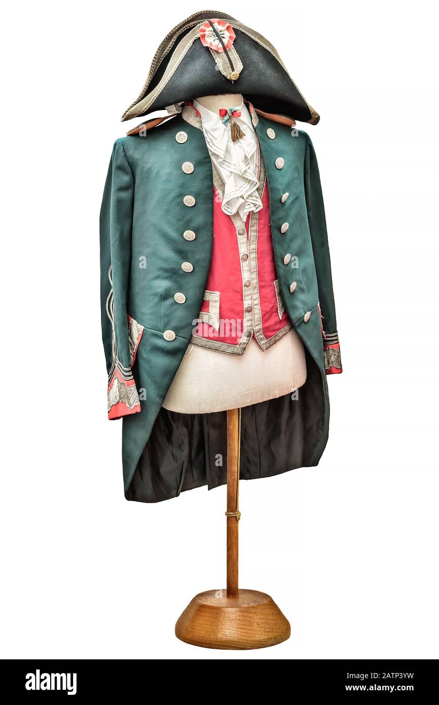Immagine in stile retrò di un costume d'epoca Napoleone con cappello isolato su sfondo bianco Foto Stock