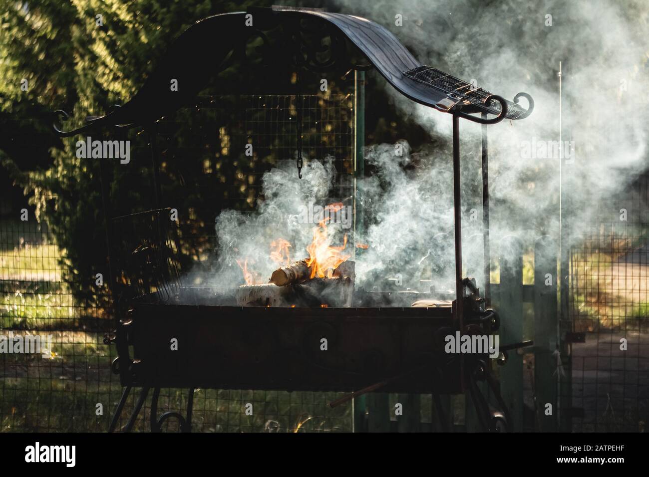 Legna da ardere brucia in un barbecue di metallo forgiato Foto Stock