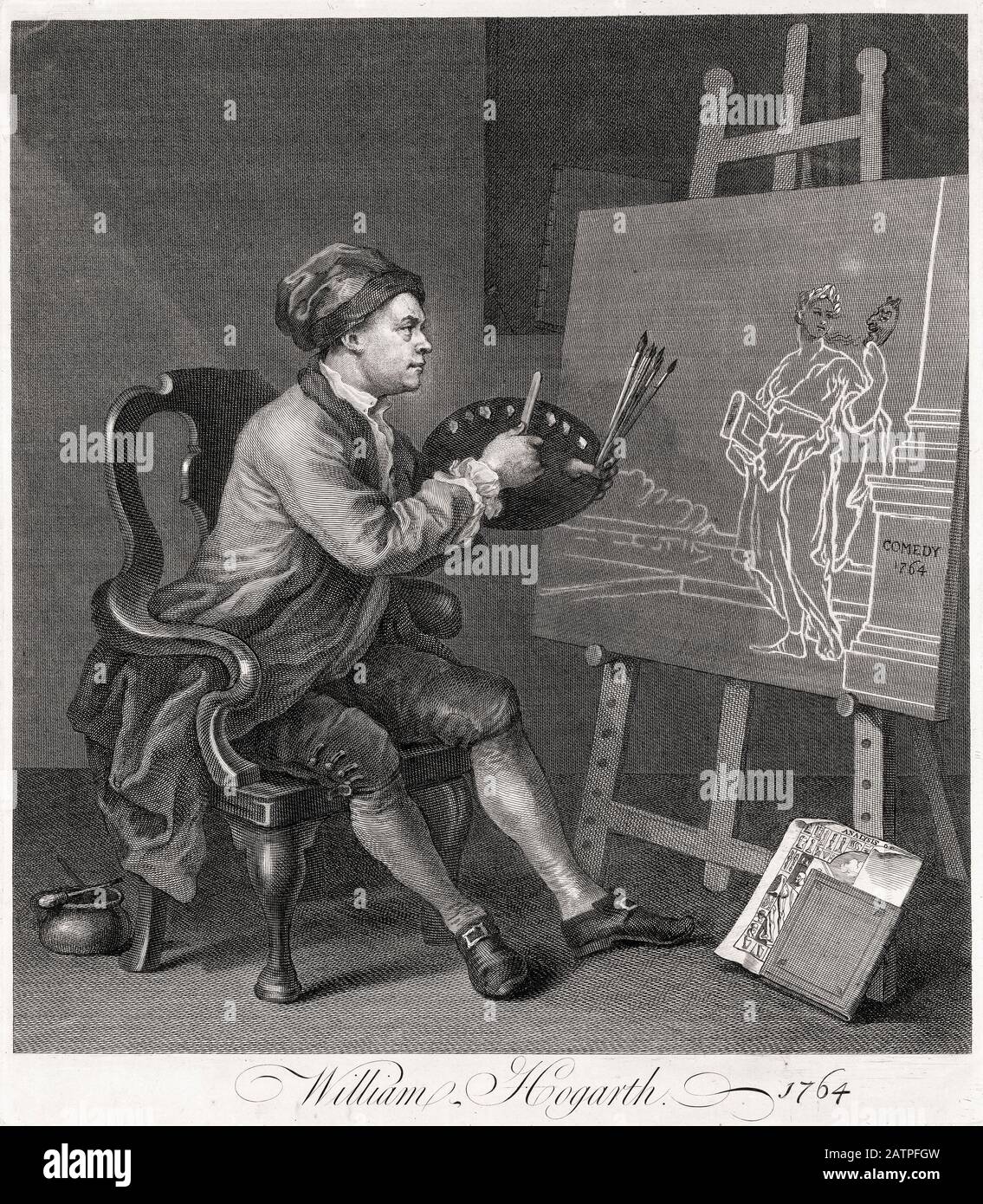 Hogarth Painting The Comic Muse, William Hogarth, Incisione, 1764 Foto Stock