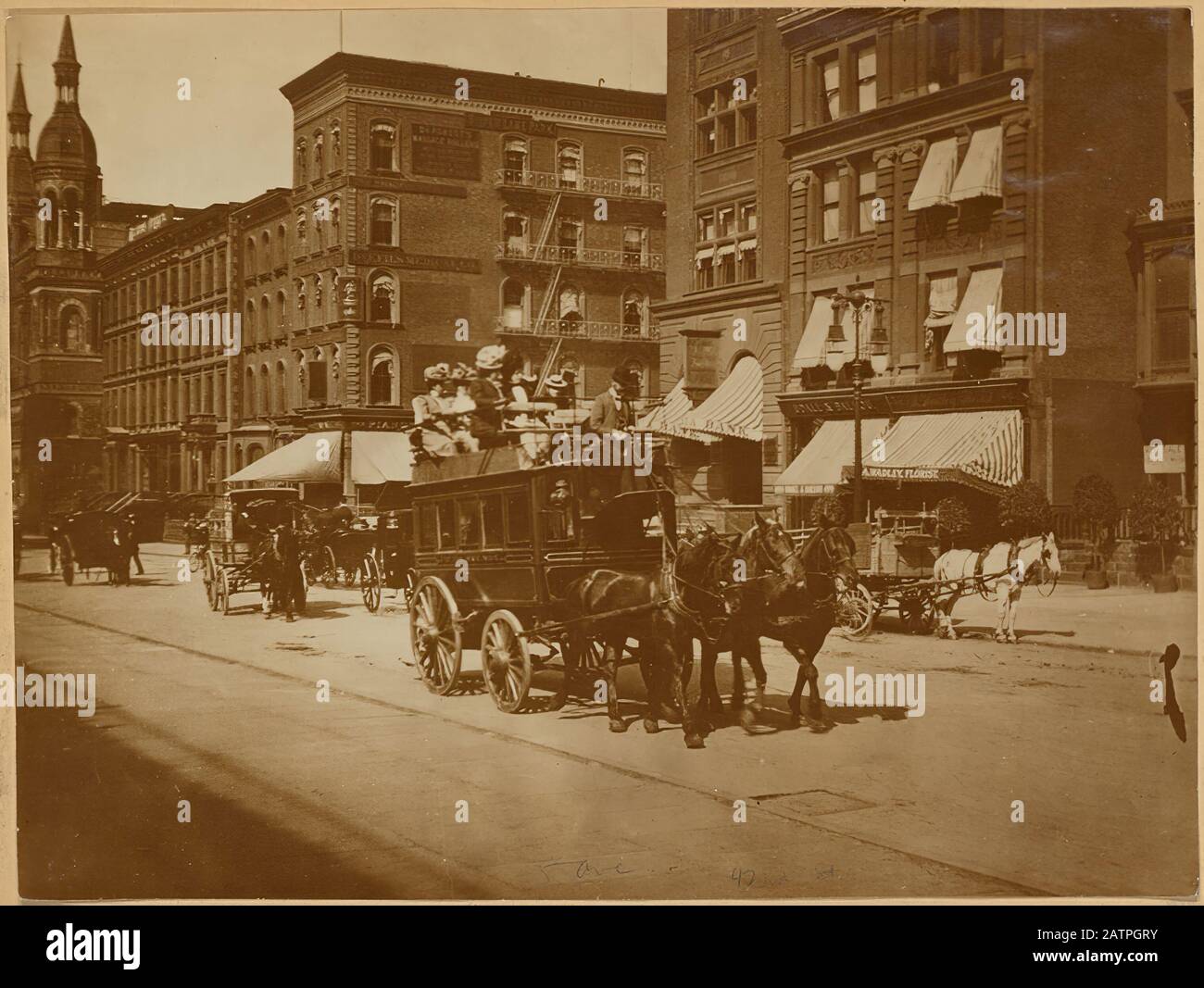 Tram a cavallo con passeggeri sul tetto; negozi (A. Fiorista Di Wadley) - New York 1895 Foto Stock