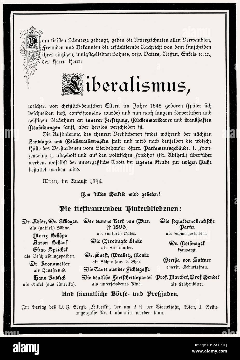 Un necrario satirico sulla morte del liberalismo da parte del Partito sociale cristiano, Austria, 1886 Foto Stock