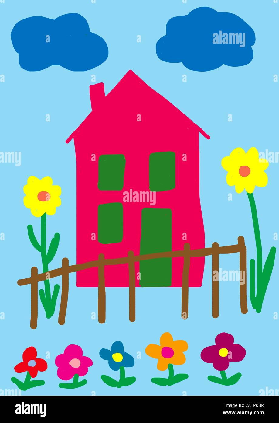 Illustrazione ingenua, disegno per bambini, colorato prato di fiori con  nuvole e sole, Germania Foto stock - Alamy