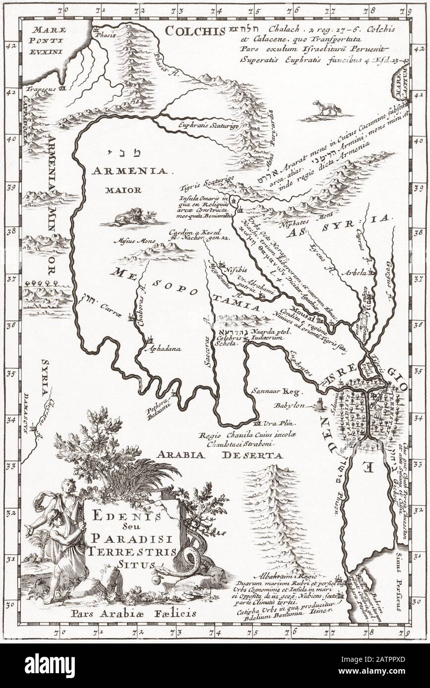 Immaginate la situazione del Giardino di Eden, in questo caso, in Mesopotamia, appena ad est di Babilonia. Dopo una mappa di Jan Luyken da un lavoro di Samuel Bochart, 1599 – 1667, nella “Geographia Sacra” di Borchart (Leiden, 1692). Bochart pone il Giardino di Eden alla confluenza di Eufrate e Tigris. Le piccole figure di Adamo ed Eva sono appena visible.Incvintage,picture,print,period Foto Stock