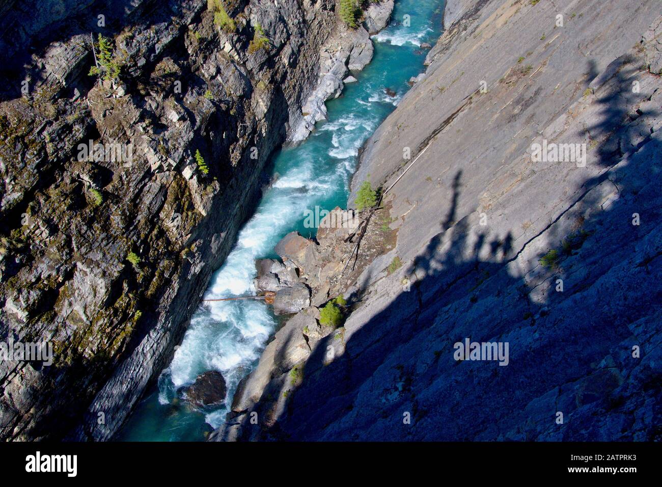 Profondo canyon ripido con il fiume selvaggio Siffleur blu turchese. Rocky Mountains, Canada. Foto Stock