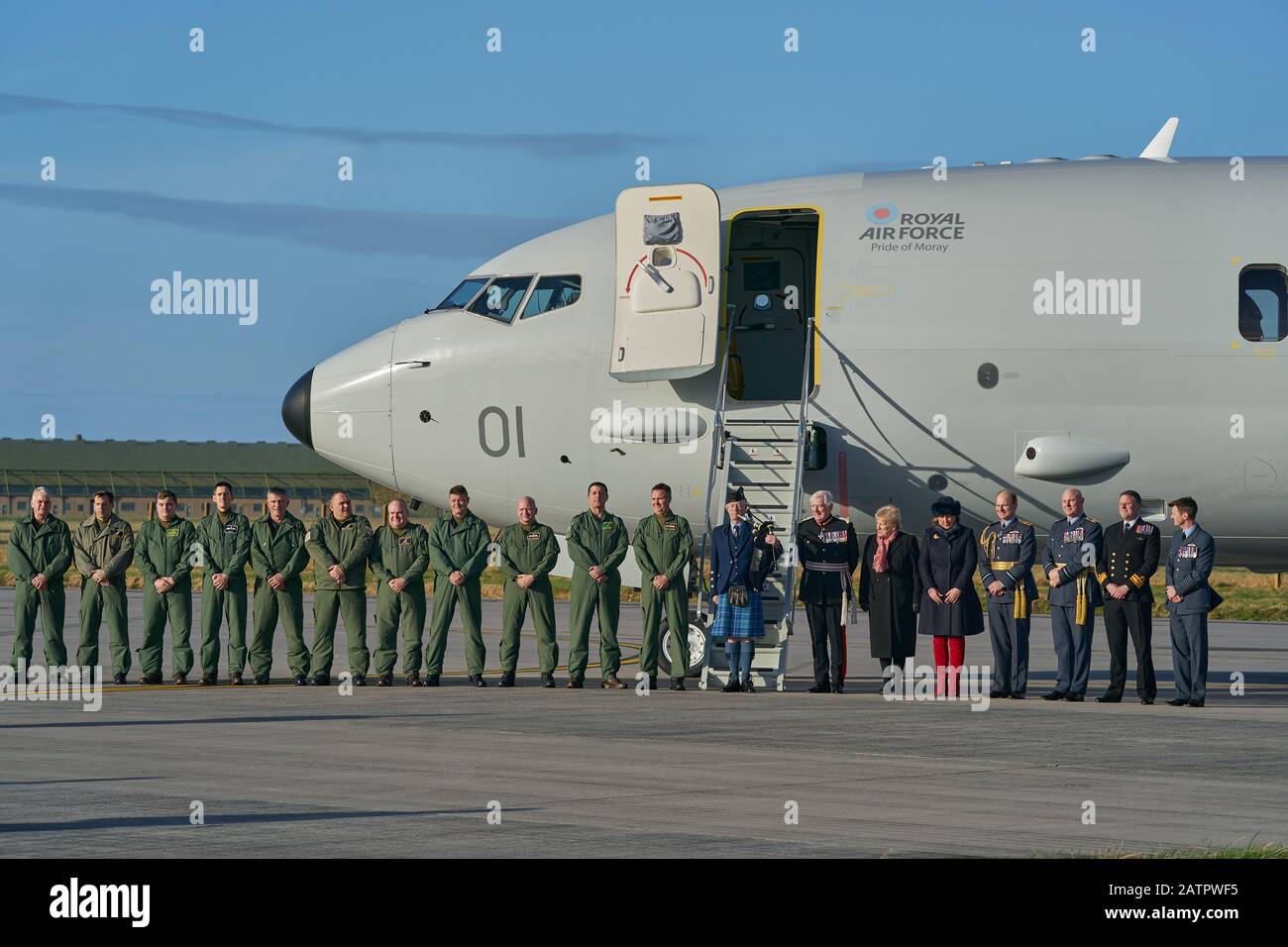 Caserma Kinloss. Kinloss Barracks, Forres, Moray, Regno Unito. 4th Feb, 2020. IV36 3UH. Questo è il RAF Posiedon, in arrivo nel Regno Unito. Si tratta di un aeromobile a pattugliamento marittimo multirole, dotato di sensori e sistemi di armi per la guerra antisommergibile, nonché di missioni di sorveglianza e ricerca e salvataggio. Credit: Jasperimage/Alamy Live News Foto Stock