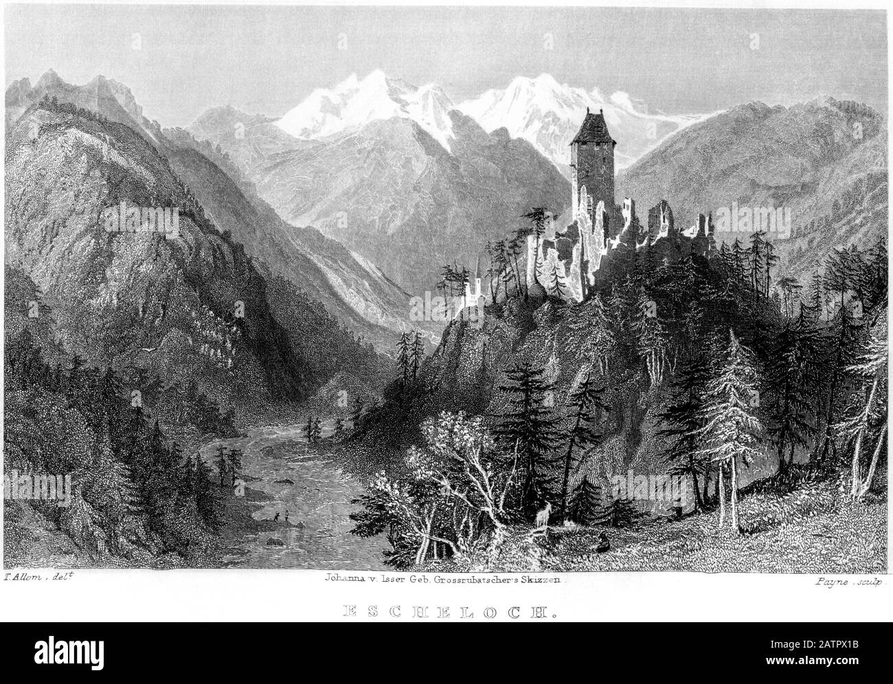 Un'incisione di Escheloch (nel Tirolo) scansionata ad alta risoluzione da un libro stampato nel 1836. Si ritiene che questa immagine sia libera da tutti i diritti d'autore. Foto Stock