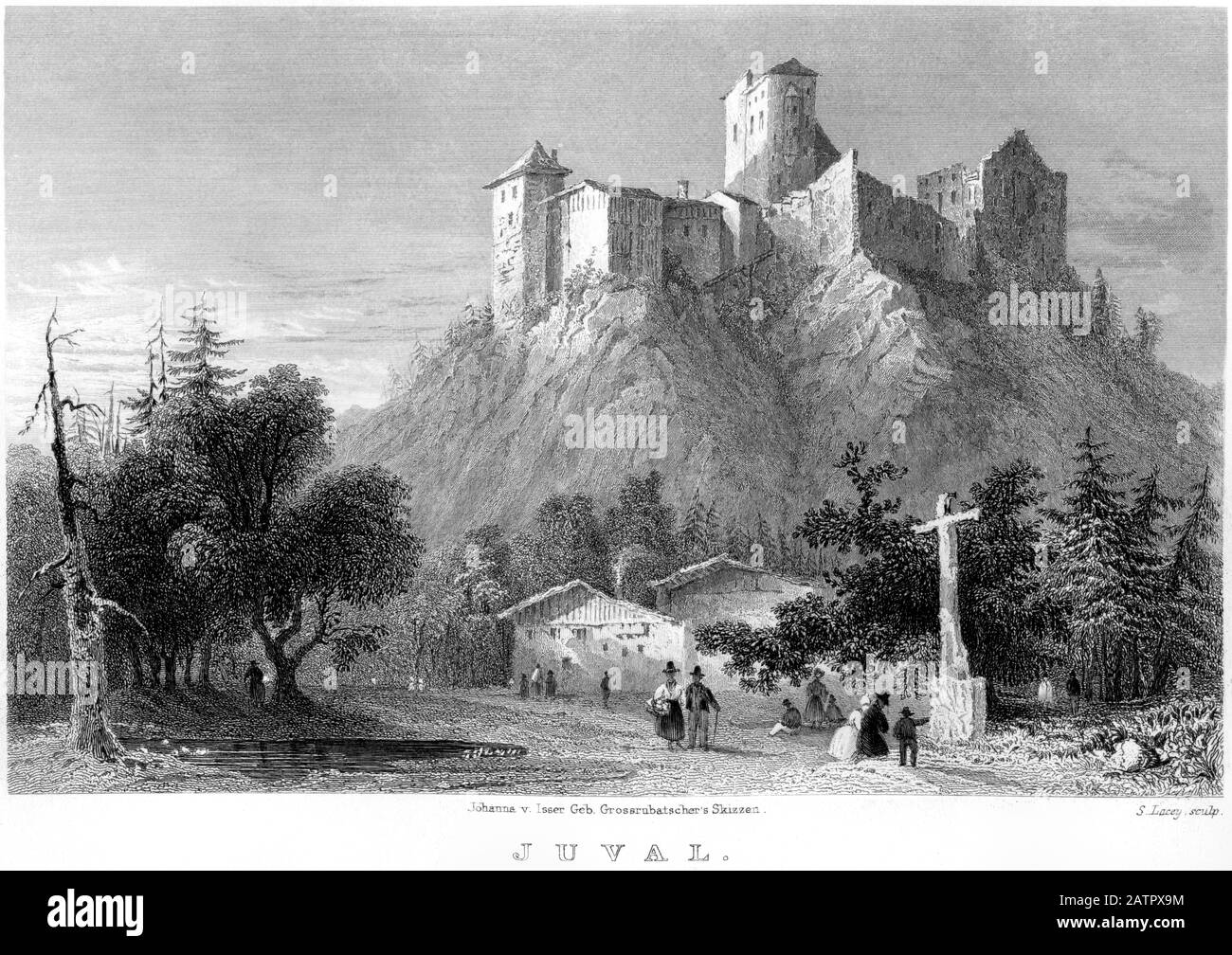 Un'incisione di Juval (nel Tirolo) scannerizzata ad alta risoluzione da un libro stampato nel 1836. Si ritiene che questa immagine sia libera da tutti i diritti d'autore. Foto Stock