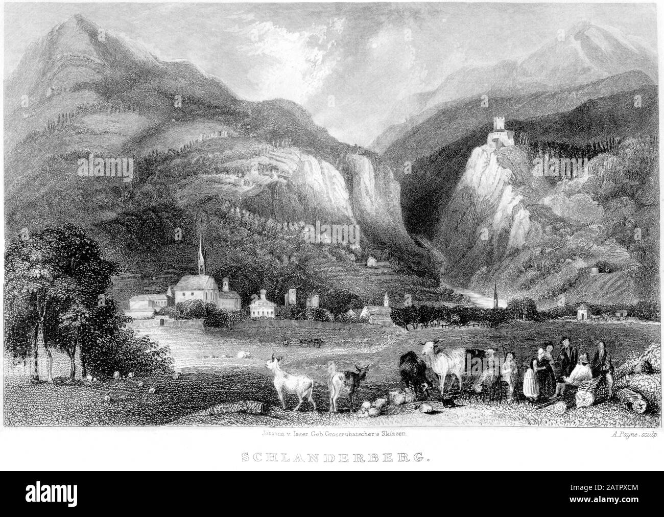 Un'incisione di Schlanderberg (Schlandersburg nel Tirolo) scannerizzata ad alta risoluzione da un libro stampato nel 1836. Creduto copyright libero. Foto Stock