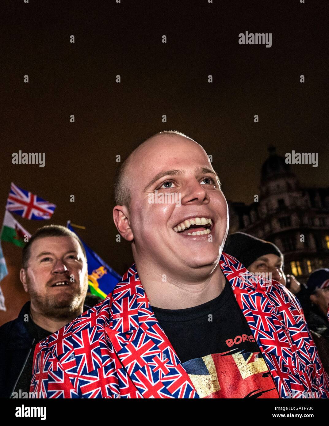 Il Regno Unito celebra l'uscita dall'UE. Celebrazioni per la Brexit. Parliament Square, Londra, Regno Unito. 31st gennaio 2020. Foto Stock