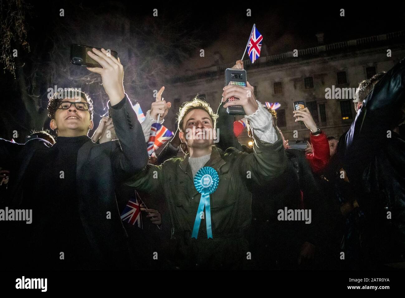 Il Regno Unito celebra l'uscita dall'UE. Celebrazioni per la Brexit. Parliament Square, Londra, Regno Unito. 31st gennaio 2020. Foto Stock
