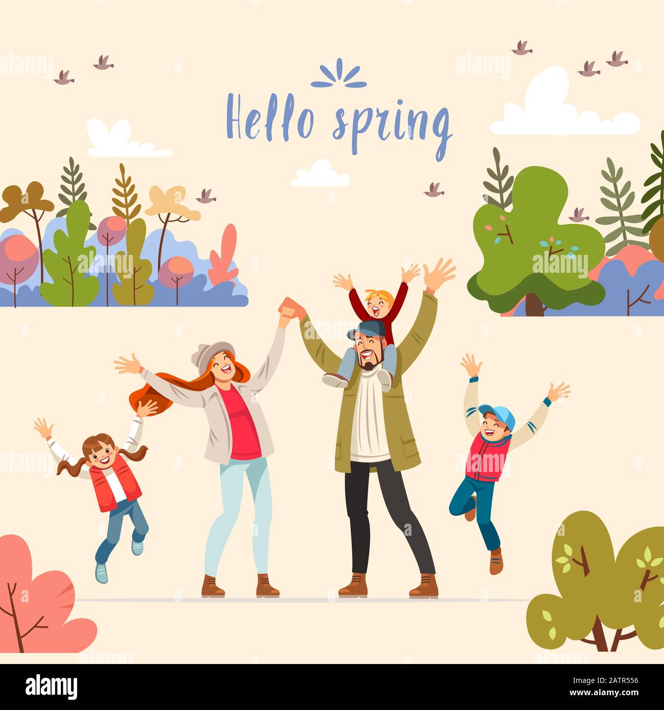 Ciao primavera. Ciao primavera biglietto di auguri con la grande famiglia. Concetto di famiglia amichevole e genitori bambino-allevamento che gioca a piedi con i bambini in natura Illustrazione Vettoriale