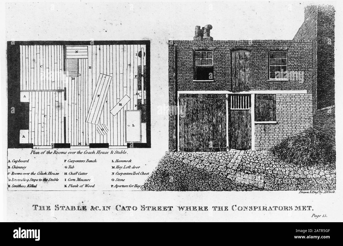 Incisione del luogo d'incontro della cospirazione di Cato Street, un tentativo di uccidere tutti i ministri del governo britannico e il primo Ministro Lord Liverpool nel 1820. Il nome deriva dal luogo d'incontro vicino a Edgware Road a Londra. Cinque cospiratori sono stati impiccati. Dalle Cronache Di Newgate, 1884. Foto Stock