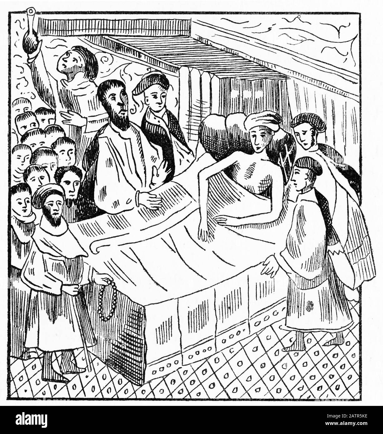 Incisione di Richard Whittington sul suo letto nel 1423.) Whittington era un commerciante inglese ed un politico del periodo tardo medievale. Dalle Cronache Di Newgate, 1884. Foto Stock