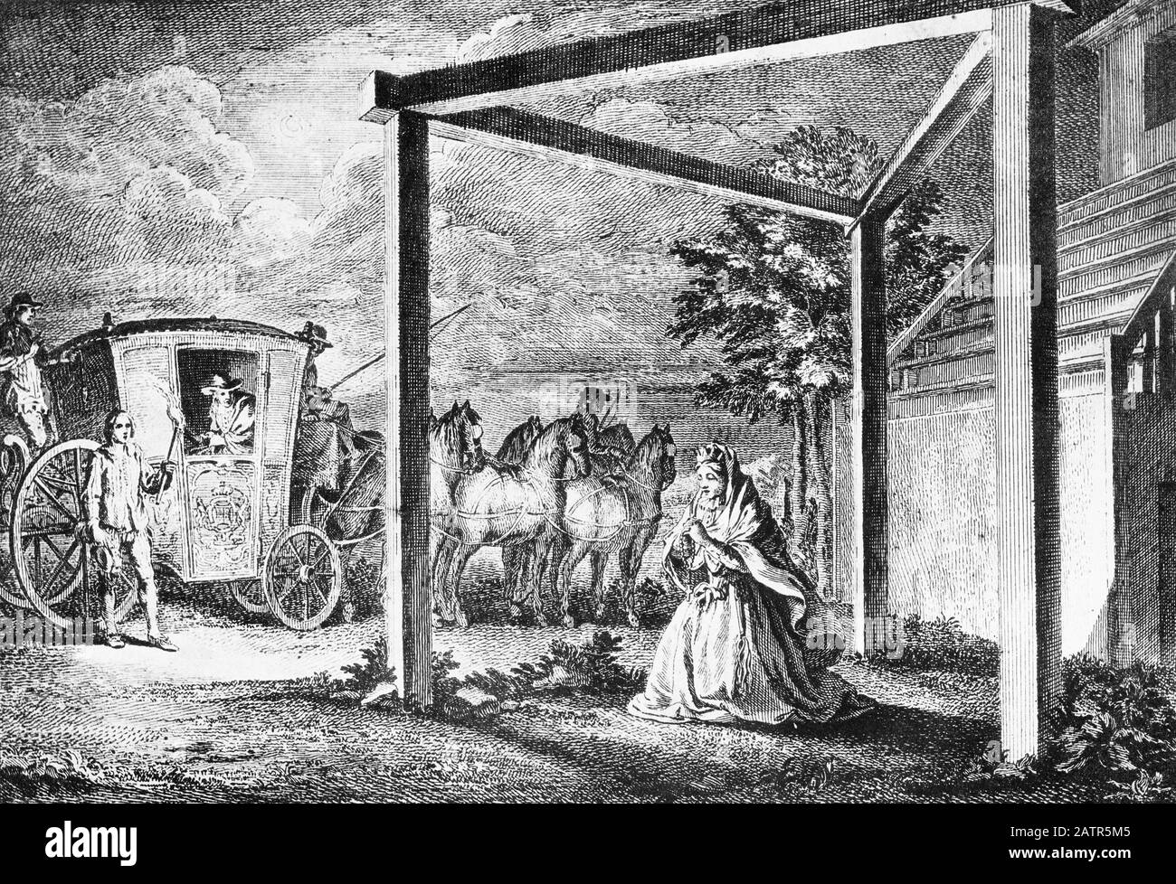 Incisione di Henrietta Maria di Francia (1609 – 1669) la regina cattolica (e impopolare) consorte di Inghilterra, Scozia e Irlanda come moglie di re Carlo Io faccio penitenza a Tyburn. Dalle Cronache Di Newgate, 1884. Foto Stock