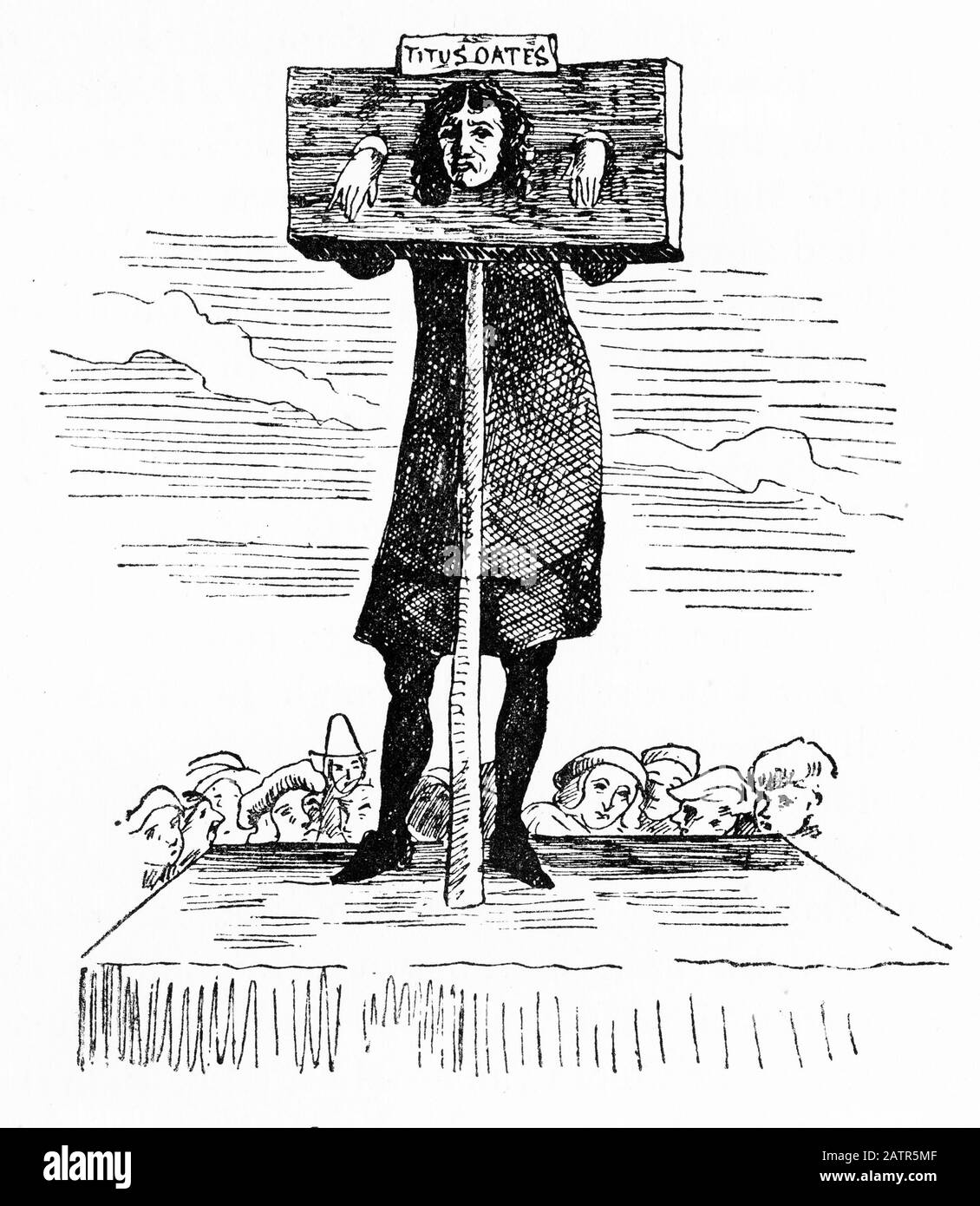 Incisione di Tito Oates (1649 – 1705) nella saccheggio dopo essere stato condannato per pergiuria. Oates fabbricò il 'Poish Plot', una presunta cospirazione cattolica per uccidere Re Carlo II Il giudice Jeffries lo condannò ad essere saccheggiato a Londra e poi spogliato, legato ad un carro, e montato da Aldgate a Newgate, dove trascorse tre anni. Dalle Cronache Di Newgate, 1884. Foto Stock