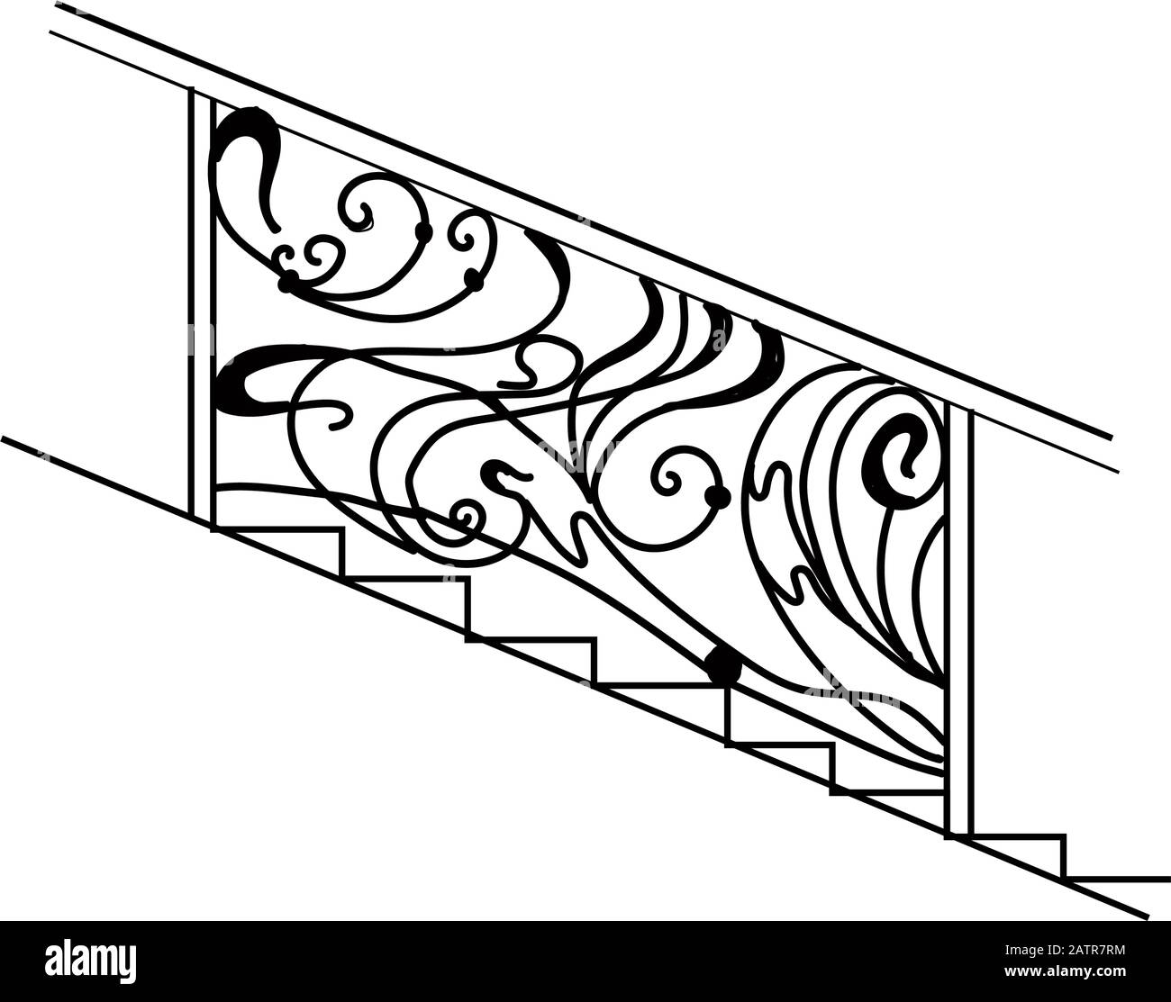 Recinzione forgiata. Il recinto di ferro. La fucinatura è un Ricciolo d'arte. Elegante ringhiera per le scale. Metallo e ferro. Schizzo. Illustrazione Vettoriale