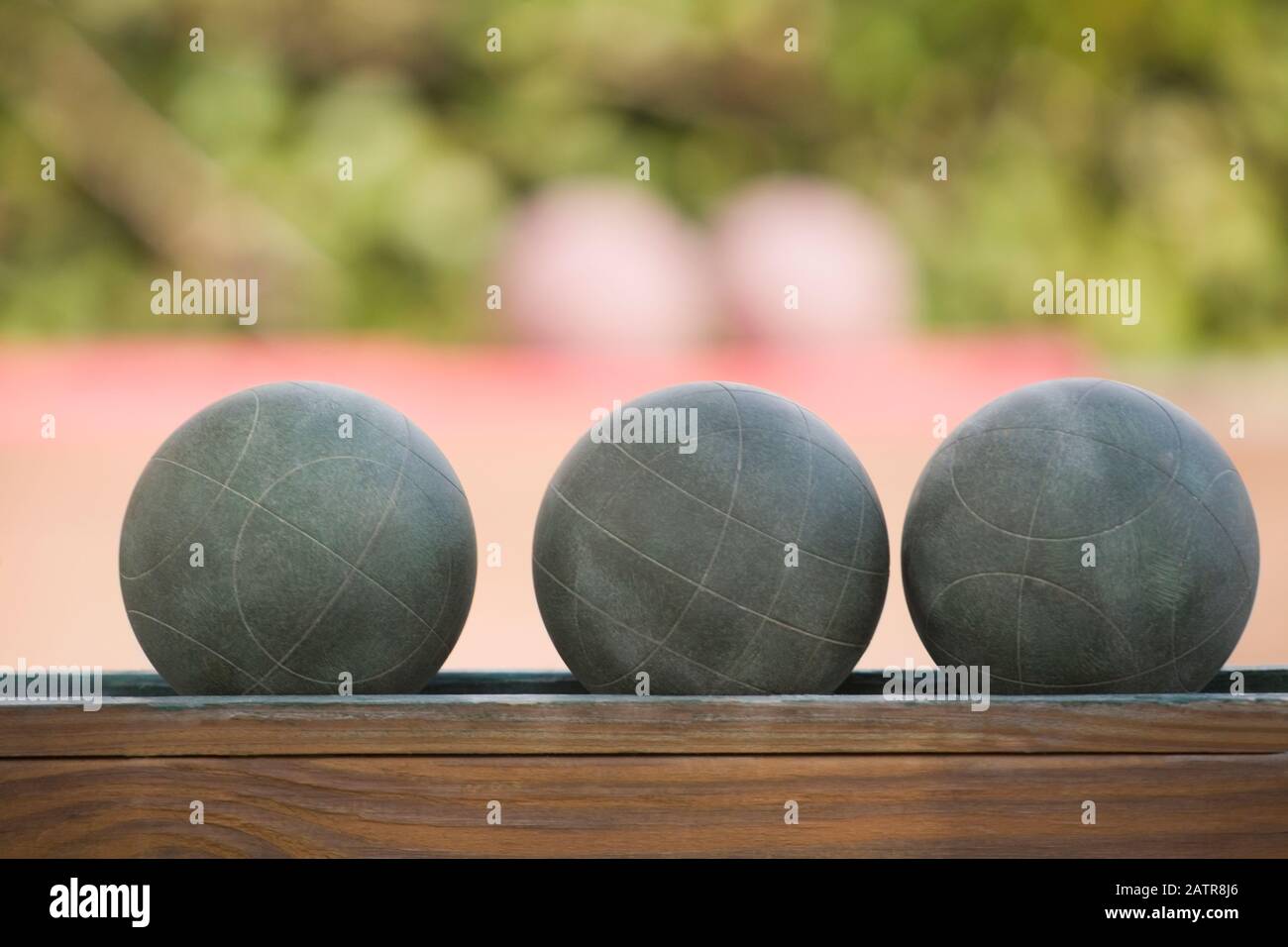 Close-up di tre palle di bocce Foto Stock