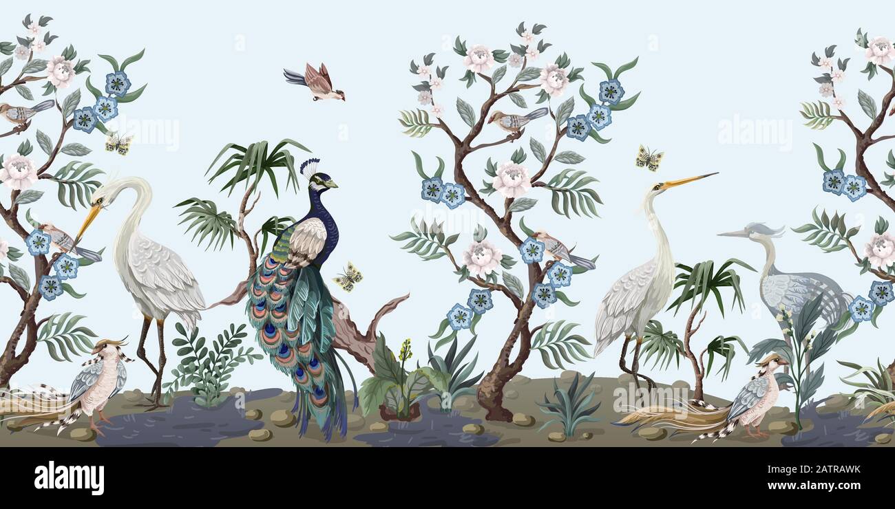 Confine in stile chinoiserie con aironi, pavone e peonie. Vettore. Illustrazione Vettoriale