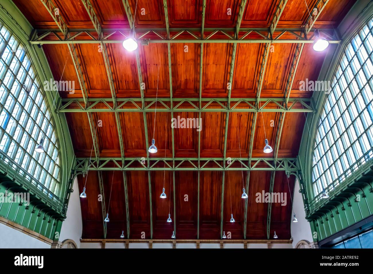 Dettaglio architettonico del soffitto nella stazione ferroviaria di Basilea FFS; Basilea, Basilea Città, Svizzera Foto Stock