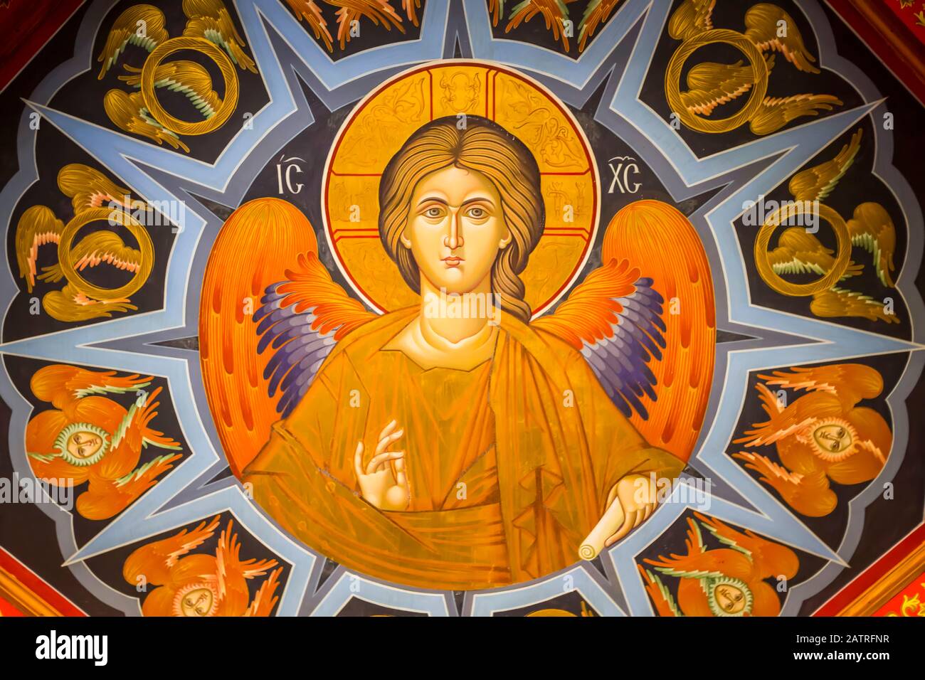 Soffitto fresco, Monastero di Varlaam, Meteora; Tessaglia, Grecia Foto Stock