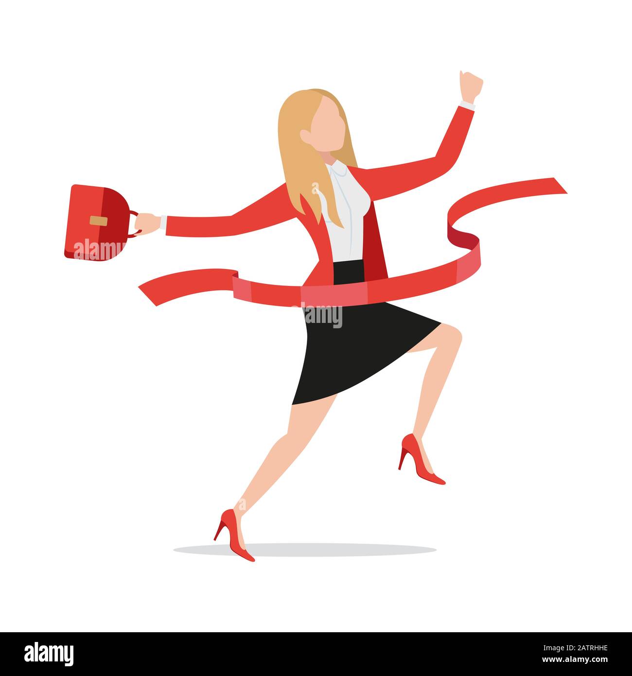 Successo di corsa businesswoman che attraversa la linea di finitura piatto icona di stile, eccitato felice imprenditore esecutivo dipendente rottura nastro rosso Illustrazione Vettoriale