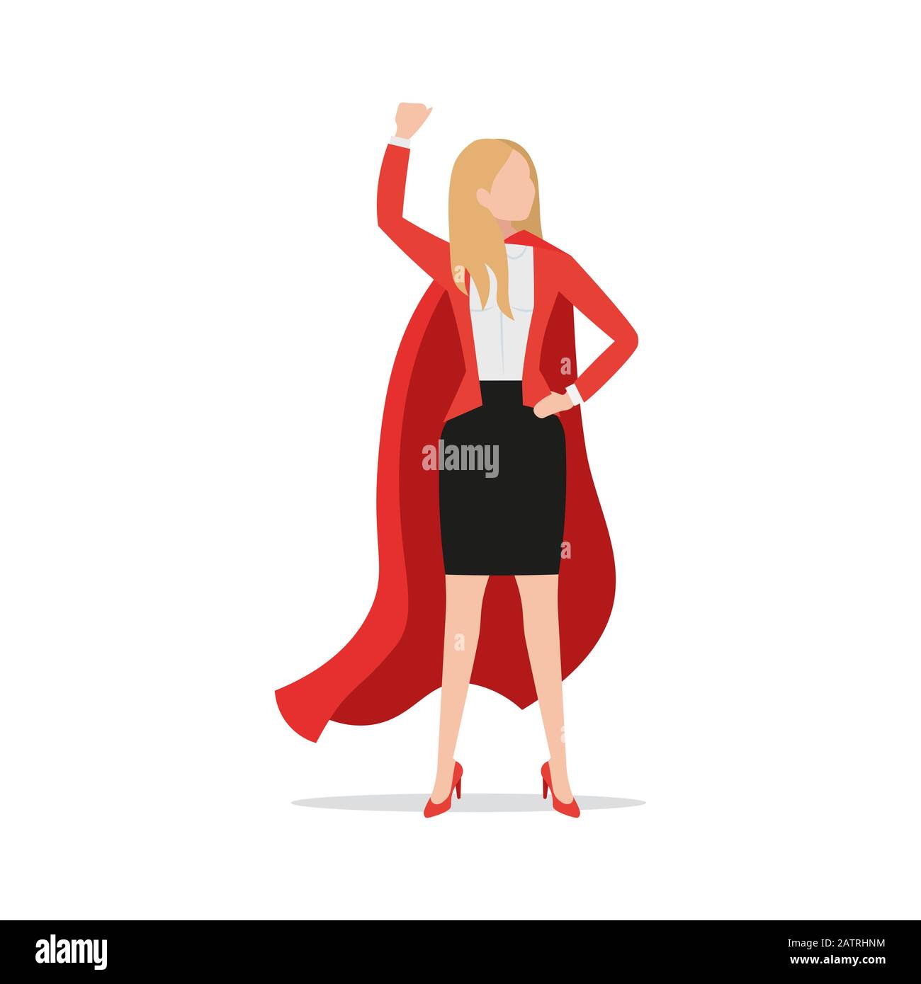 Potente donna d'affari di successo che indossa mantello di supereroe rosso e gonna nera, vestiti da ufficio, icona stile piatto, illustrazione vettoriale, leader femminile Illustrazione Vettoriale