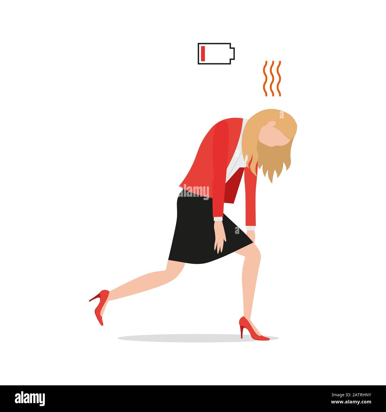 Donna d'affari esausta e stanca con icona rossa di carica della batteria bassa, illustrazione del vettore di stile piatto, dirigente sopraffatto dell'imprenditore femminile sopraffatto Illustrazione Vettoriale