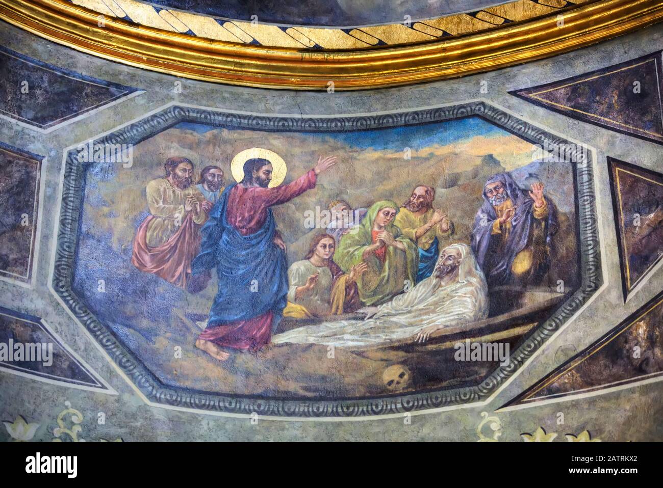Affresco, Chiesa di Sant'Antonio, ricostruita nel 1673, Città Vecchia di Bucarest; Bucarest, Romania Foto Stock