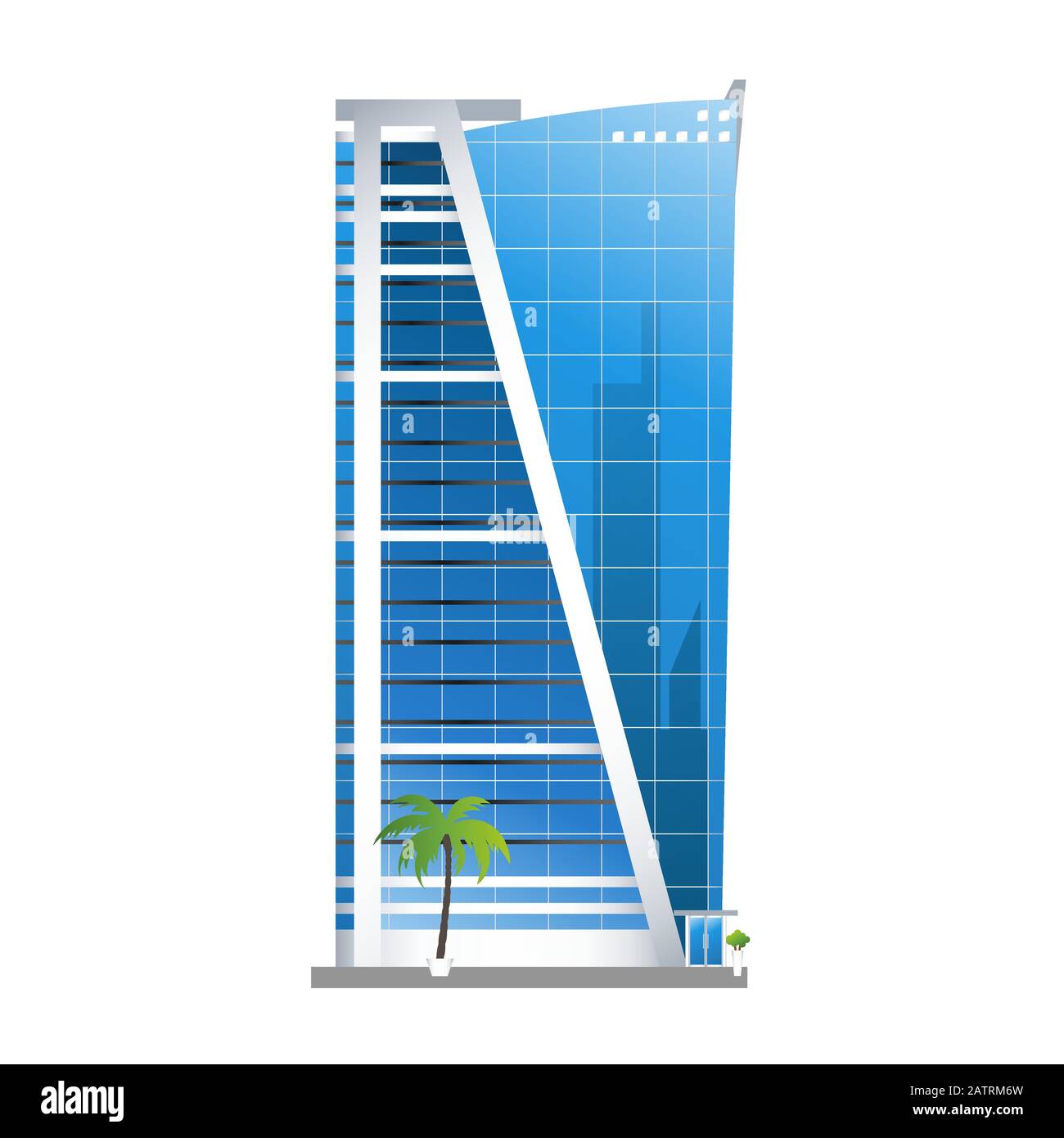 Moderno edificio alberghiero, grattacieli torri con palme icona isolata su sfondo bianco, illustrazione vettoriale. Illustrazione Vettoriale