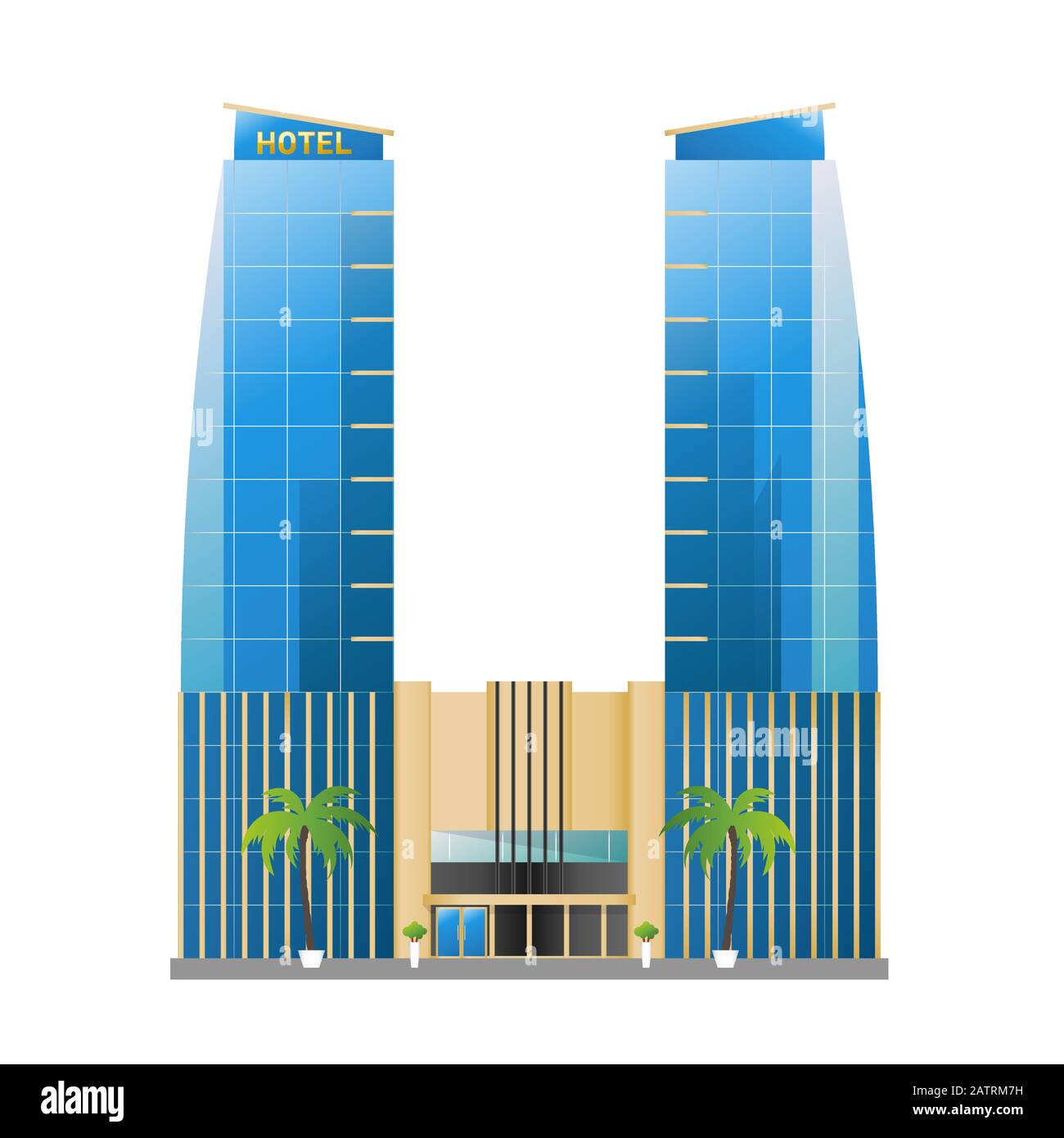 Moderno edificio alberghiero, grattacieli torri con palme icona isolata su sfondo bianco, illustrazione vettoriale. Illustrazione Vettoriale